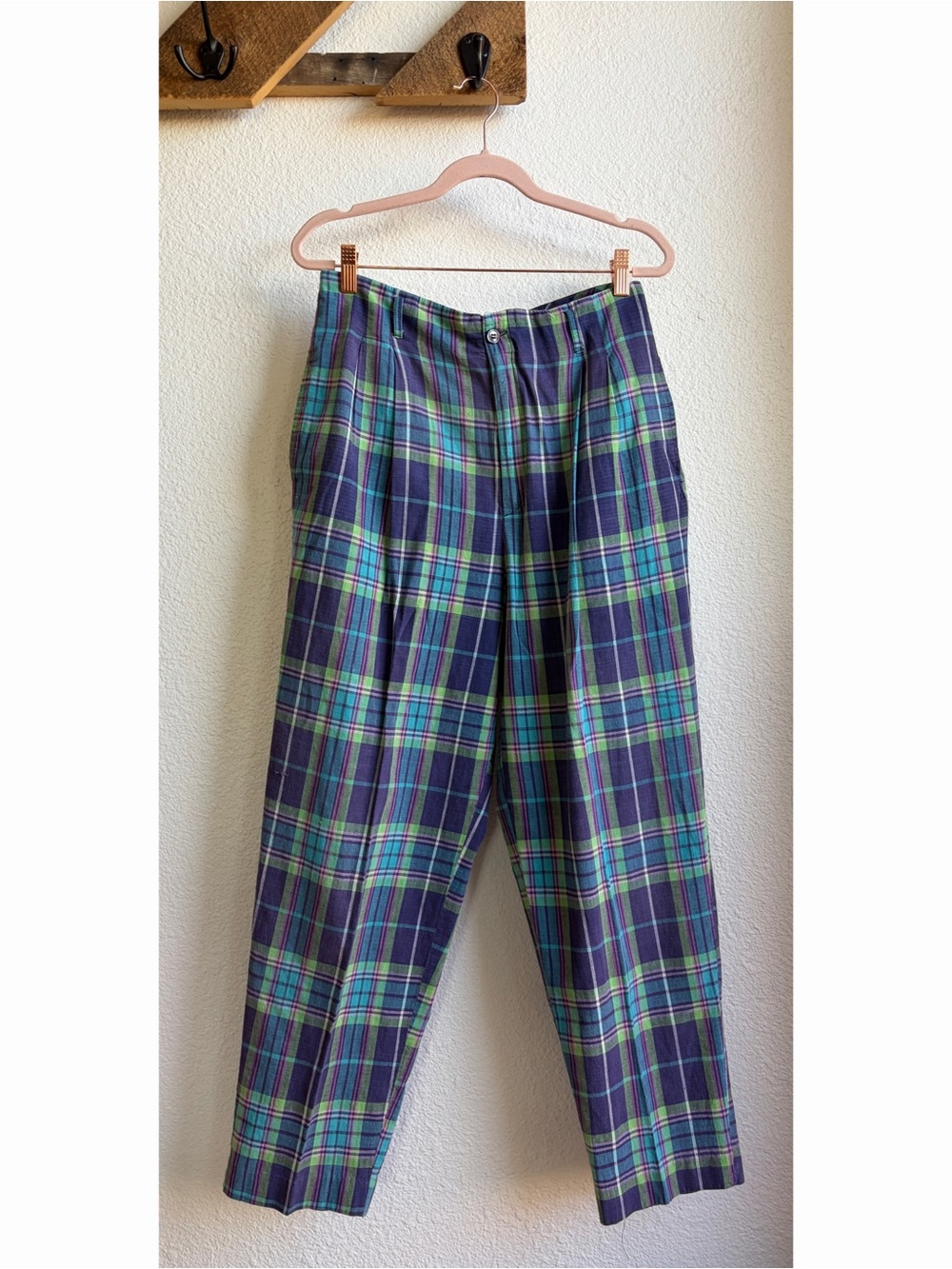Vintage 90s Madras Plaid Cotton High Waist Trousers 12